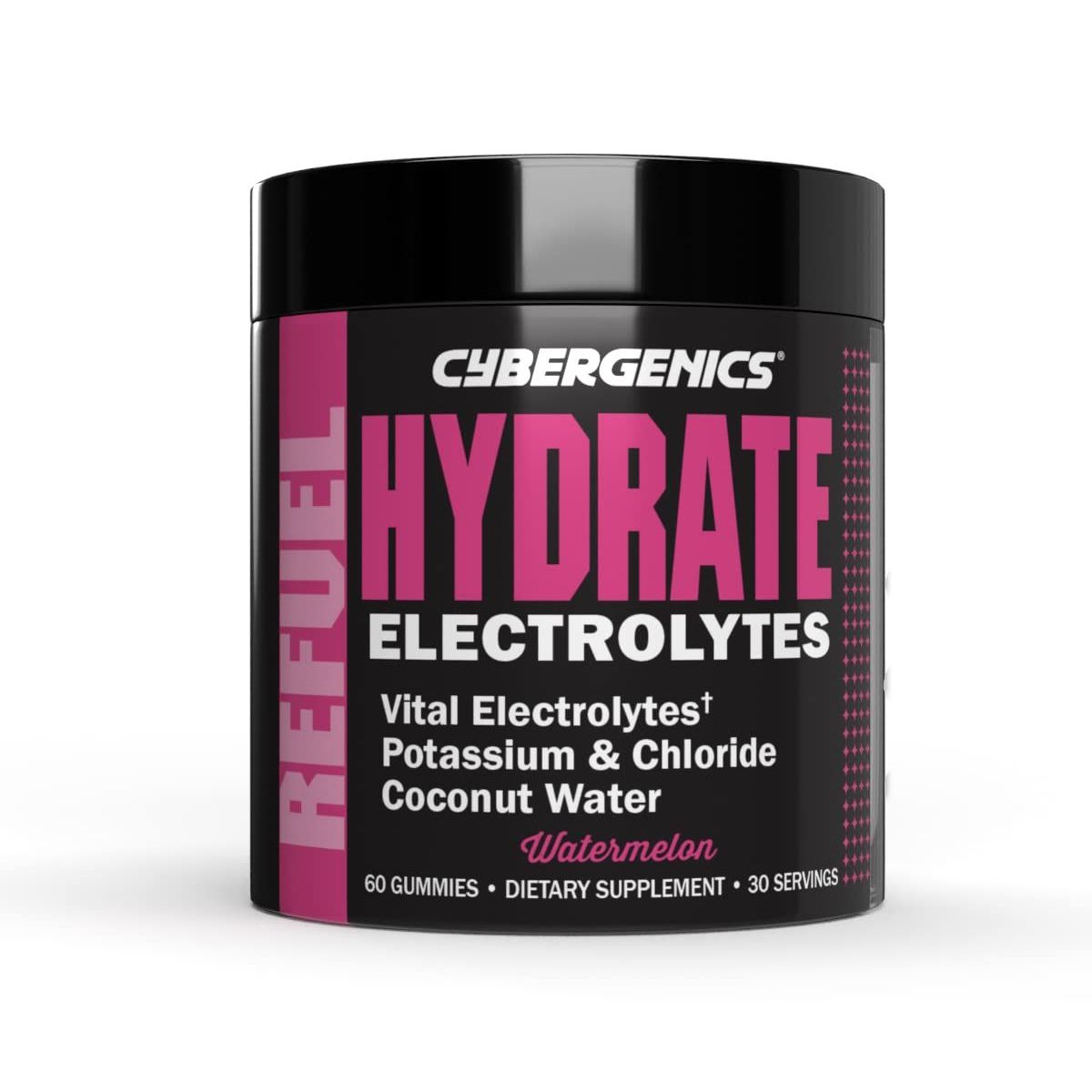 Cybergenics Hydrate Gummies with vital electrolytes for hydration and recovery, showing a bottle of 60 gummies from Pasteur Pharmacy.
