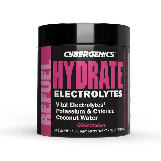 Cybergenics Hydrate Gummies with vital electrolytes for hydration and recovery, showing a bottle of 60 gummies from Pasteur Pharmacy.