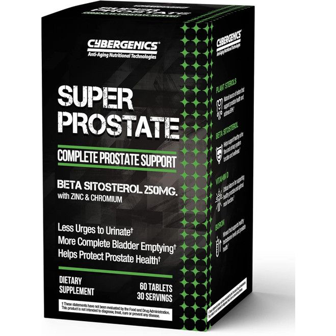 Cybergenics Super Prostate Complete Support 250 mg bottle of vitamins and supplements for prostate health.