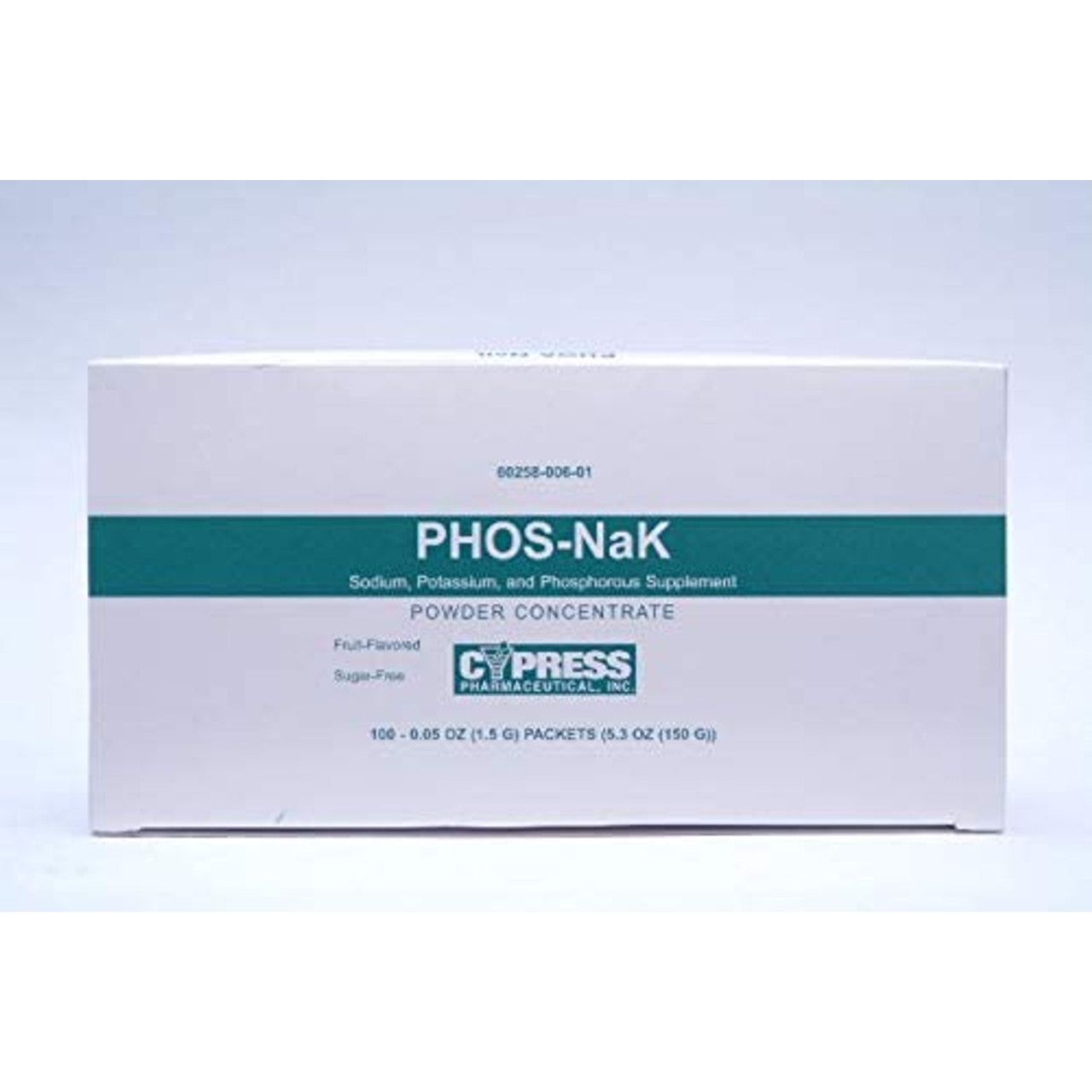 Fruit-flavored Phos-NaK powder packets by Cypress Pharmaceutical, dietary supplement vitamins and minerals, 100-count box