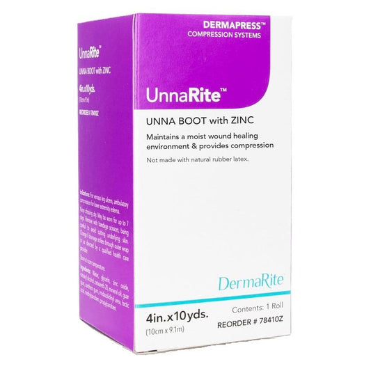 DermaRite UnnaRite Zinc Oxide Unna Boot 4" x 10 yards, used for wound care and compression therapy, by Pasteur Pharmacy.
