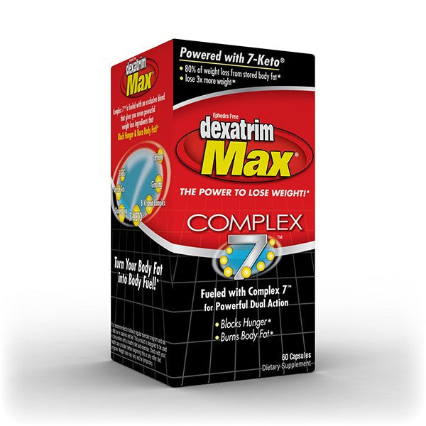Bottle of Dexatrim Max Complex 7 dietary supplement capsules, vitamins and supplements by Pasteur Pharmacy.