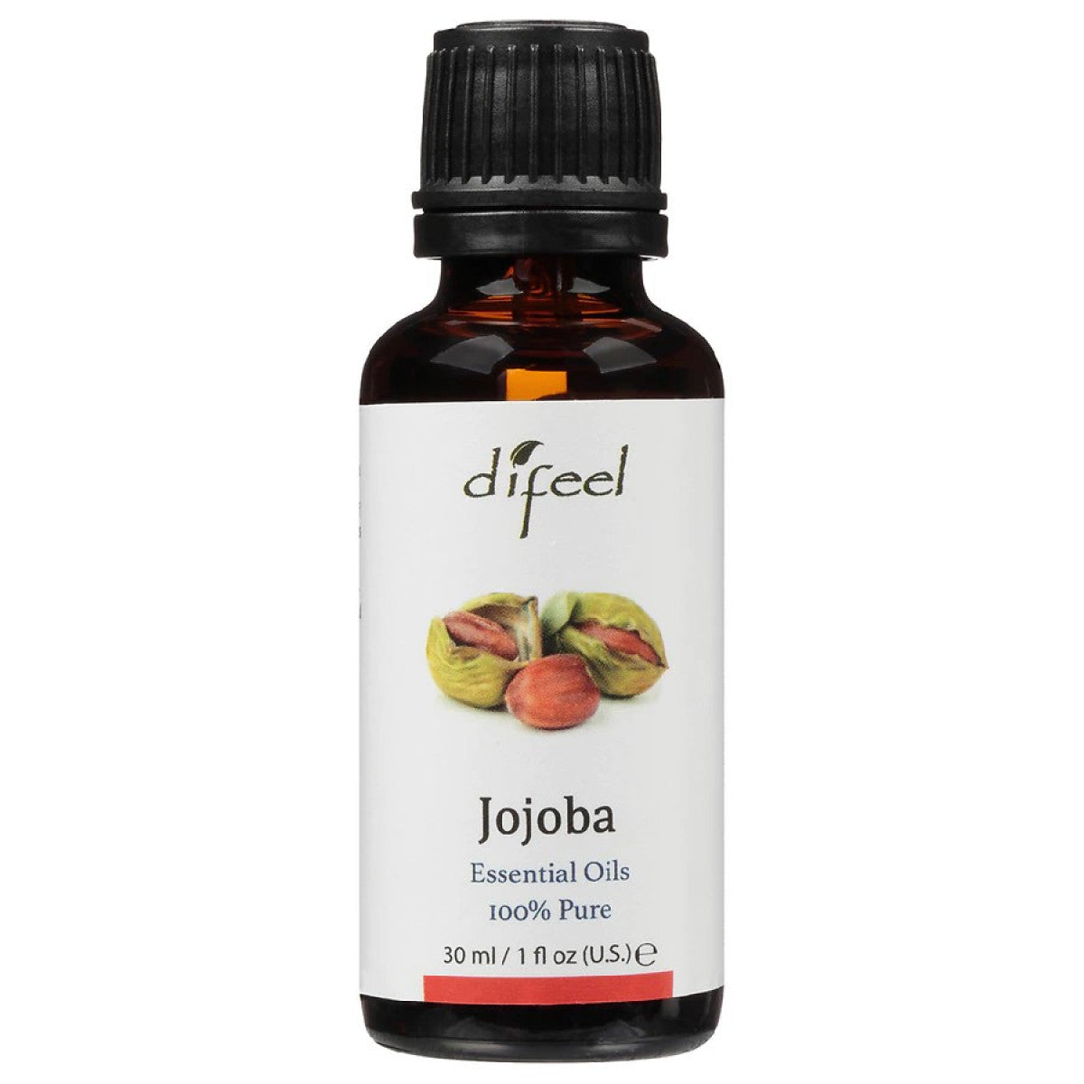 Difeel 100% pure jojoba oil in a 1-ounce bottle, natural vitamin and supplement product for skin and hair care.