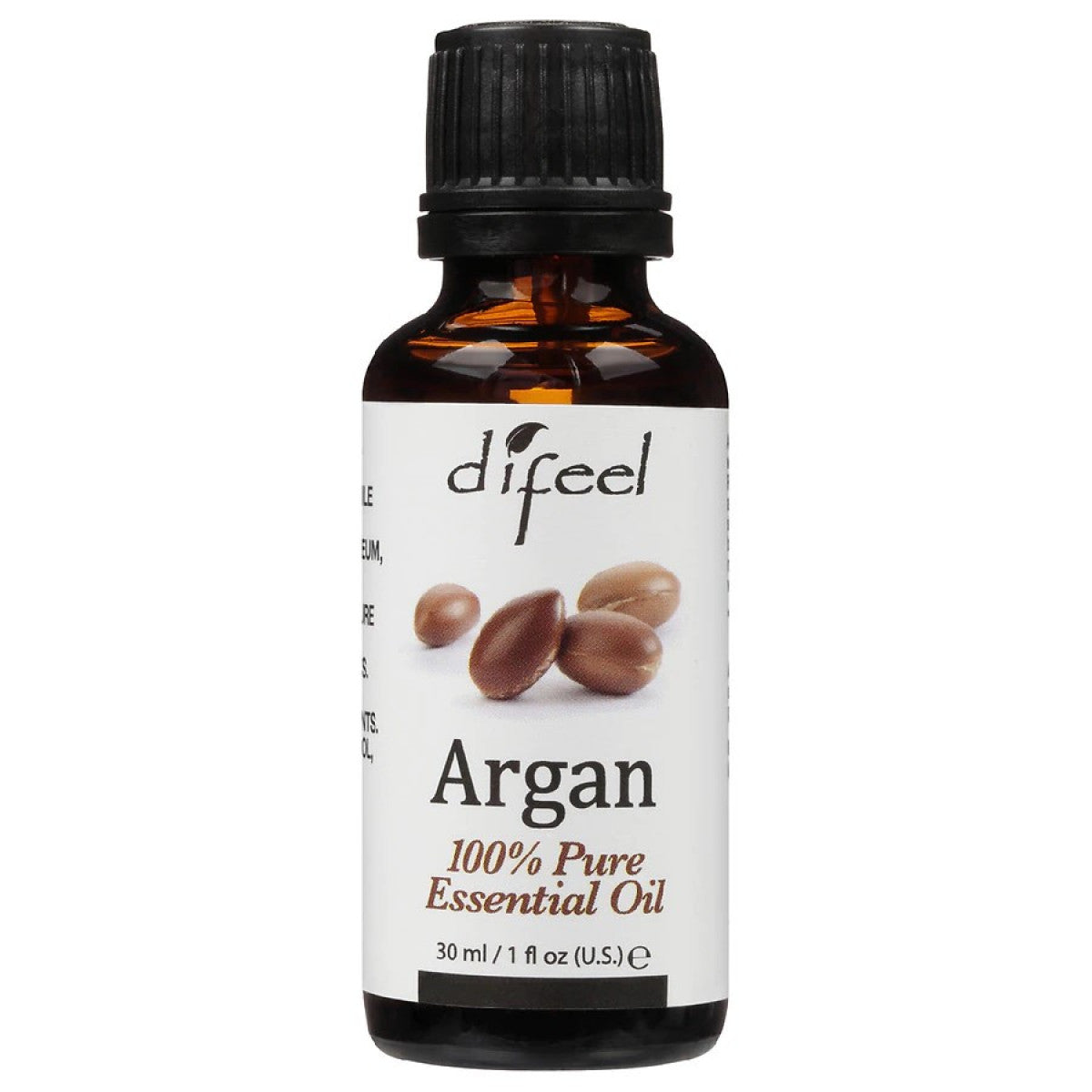 Difeel Pure Essential Argan Oil 1 oz bottle, natural vitamin supplement and skincare oil, with a clear glass container and dropper cap