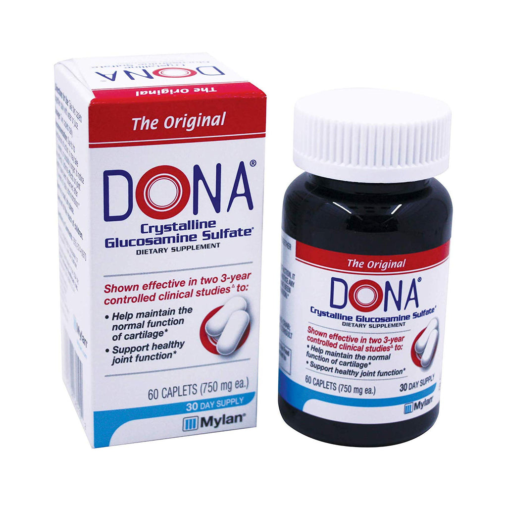 Dona Crystalline Glucosamine Sulfate Caplets in a bottle, dietary supplement for joint support, by Pasteur Pharmacy.