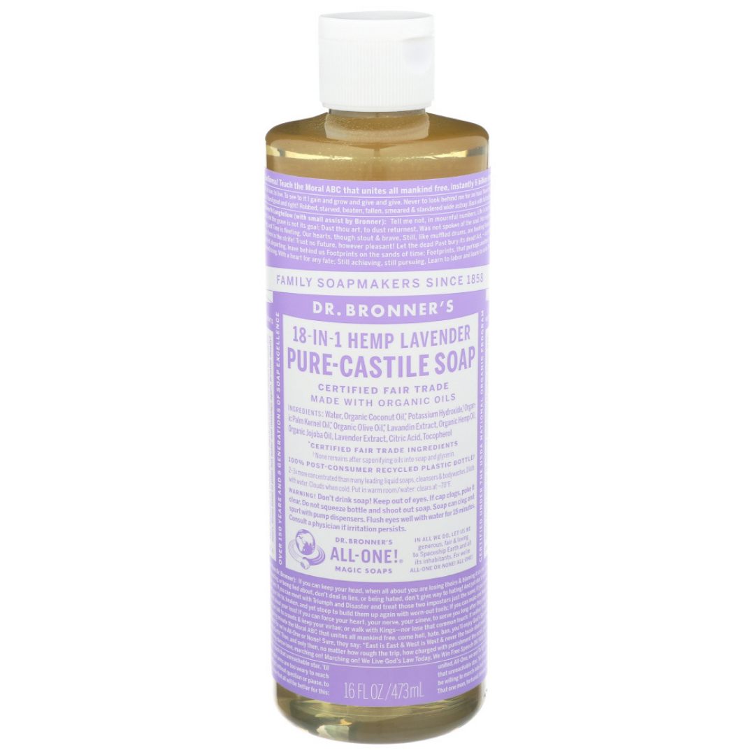 Dr. Bronner's Hemp Lavender Castile Soap in 16 fl oz bottle, natural vegan soap for cleansing and skincare.