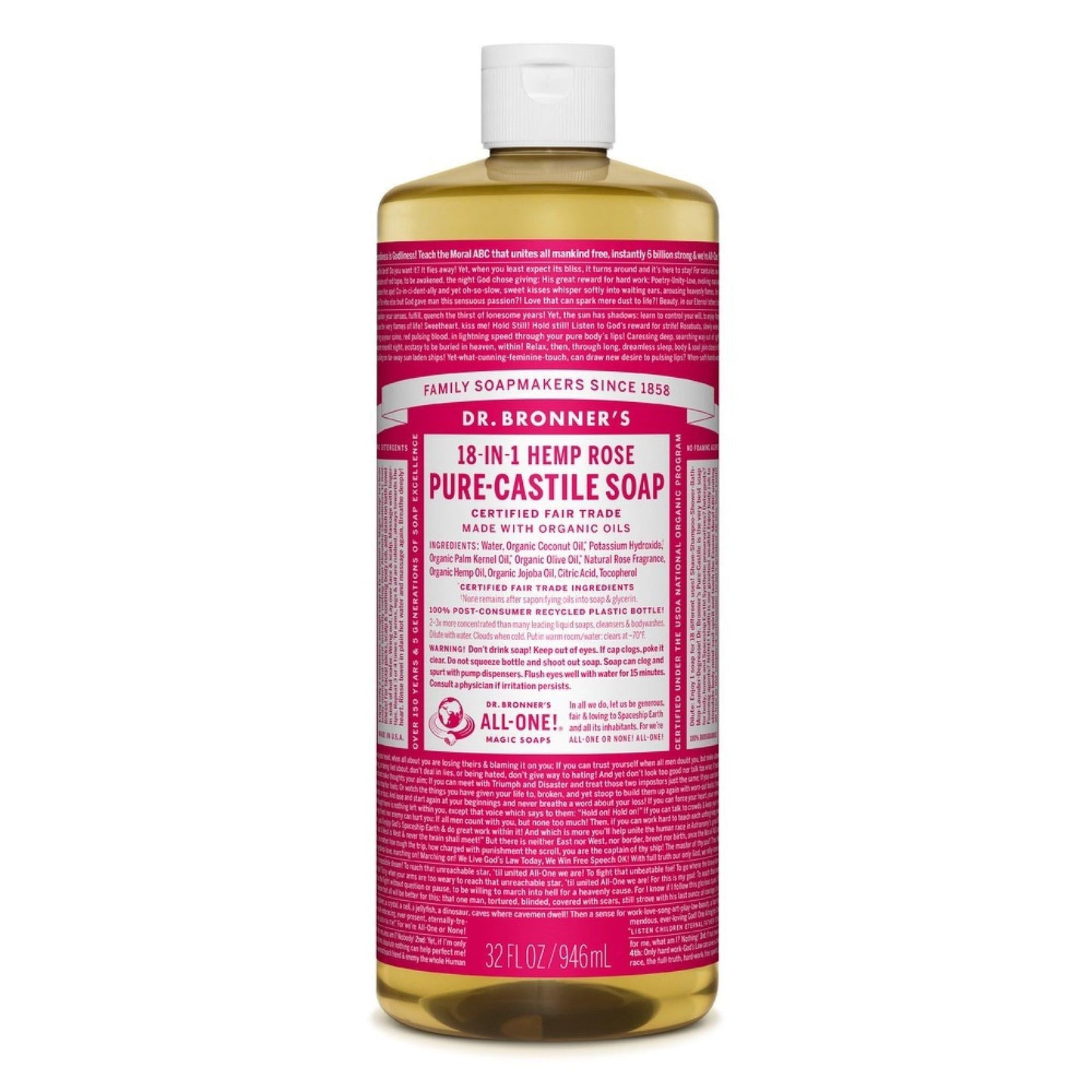 Dr. Bronner's Organic 18-in-1 Hemp Castile Liquid Soap in Rose scent, 8 fl oz bottle, with label visible on the bottle.