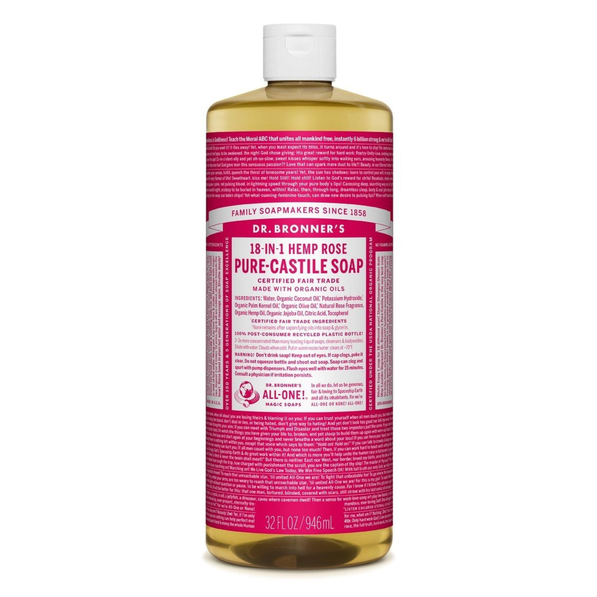 Dr. Bronner's Organic 18-in-1 Hemp Castile Liquid Soap in Rose scent, 8 fl oz bottle, with label visible on the bottle.