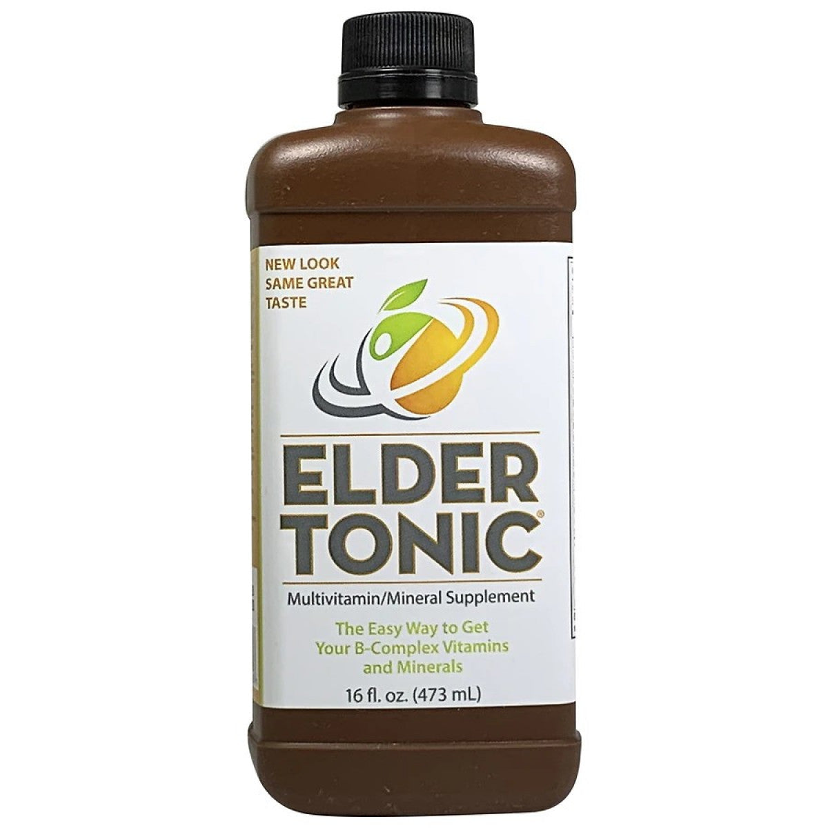 Eldertonic multivitamin mineral supplement bottle, 16 oz, in a container with label, part of Pasteur Pharmacy vitamins and supplements.