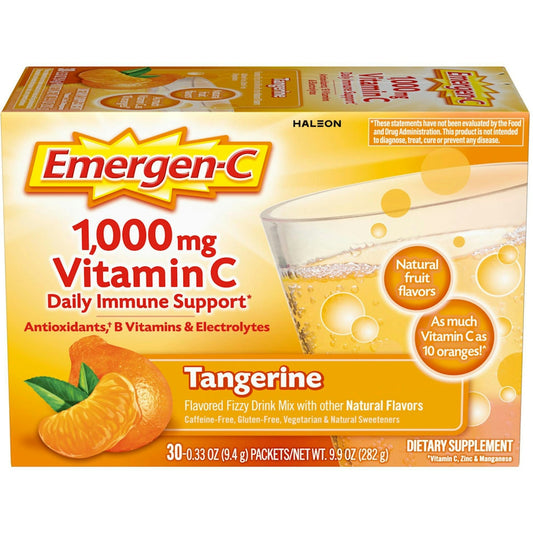 Emergen-C Tangerine flavor dietary supplement fizzy drink mix packets with 1000mg vitamin C, caffeine-free, 30-count pack.