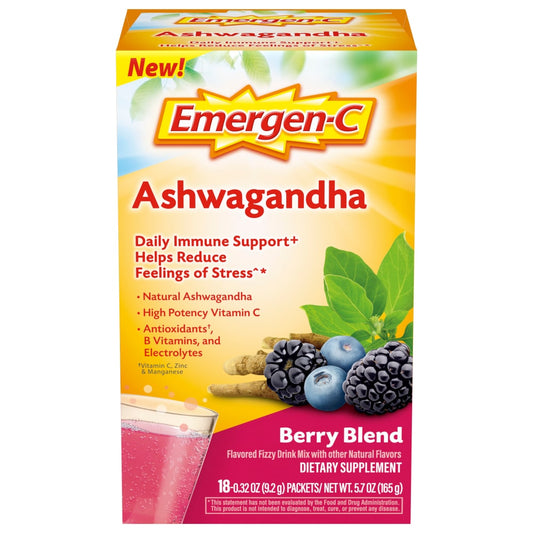 Emergen-C Ashwagandha Berry Blend fizzy drink mix packets, vitamin and supplement product with berry-flavored powder in sachets.