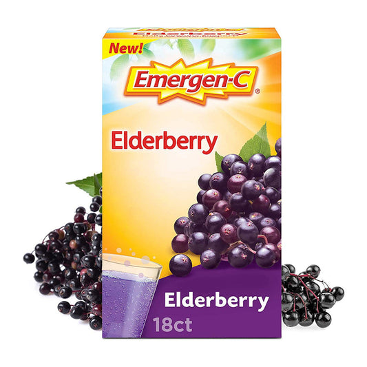 Emergen-C Fizzy Drink Mix for immune support with elderberry by Pasteur Pharmacy, featuring vibrant orange and purple flavor packaging.