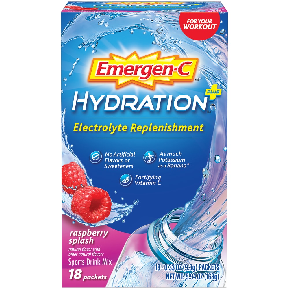 Emergen-C Hydration Plus Raspberry Splash sports drink mix in a colorful packet, vitamin supplement for hydration and energy.