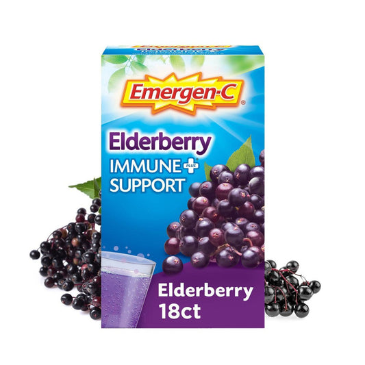 Emergen-C Immune+ dietary supplement powder drink mix with elderberry, vitamin C, and zinc in 18-pack for immune support.