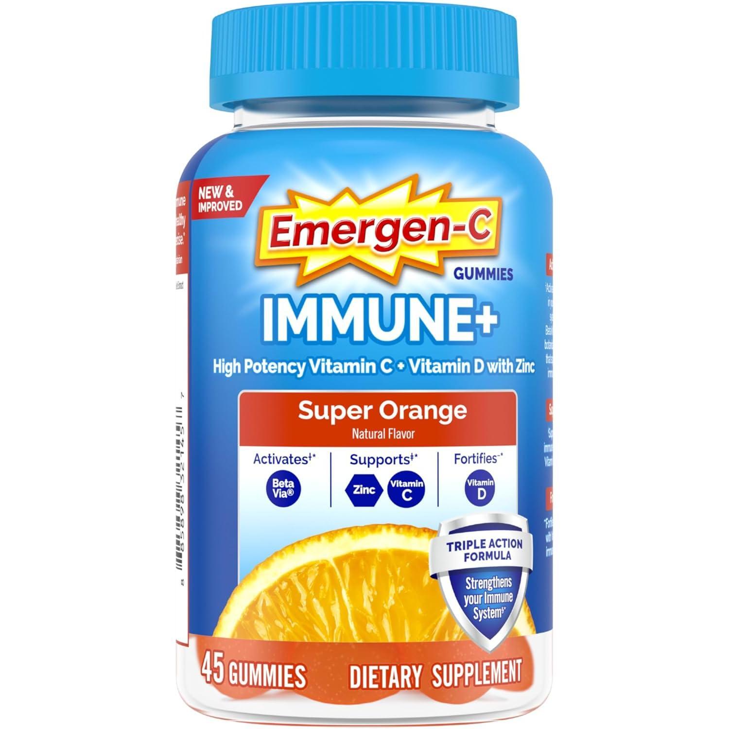 Emergen-C Immune+ Gummies in Super Orange flavor, 45 count, vitamin C dietary supplement, caffeine-free, gluten-free, for immune support.