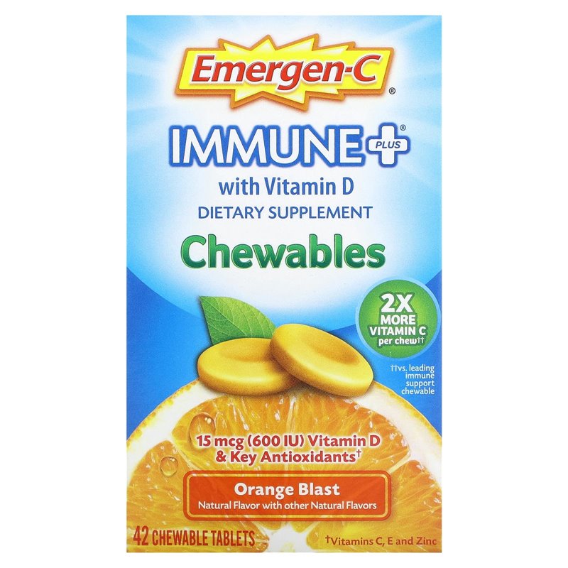 Emergen-C Immune Support chewable tablets in Orange Blast flavor, 42-count vitamin supplement by Pasteur Pharmacy.