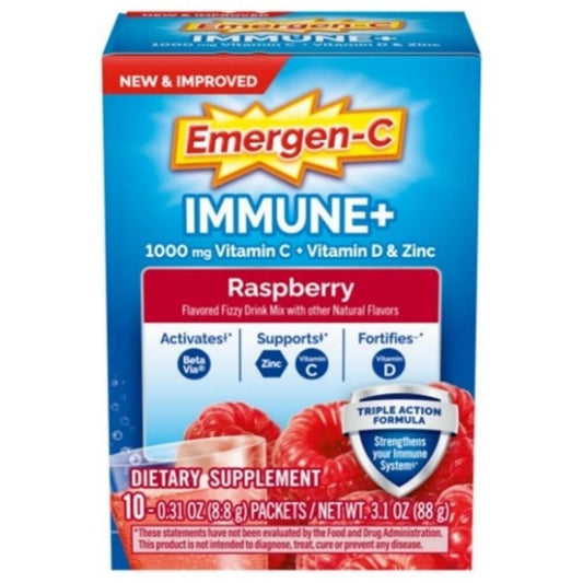 Emergen-C Raspberry immune support fizzy drink mix in a 10-count box, vitamin supplement from Pasteur Pharmacy.