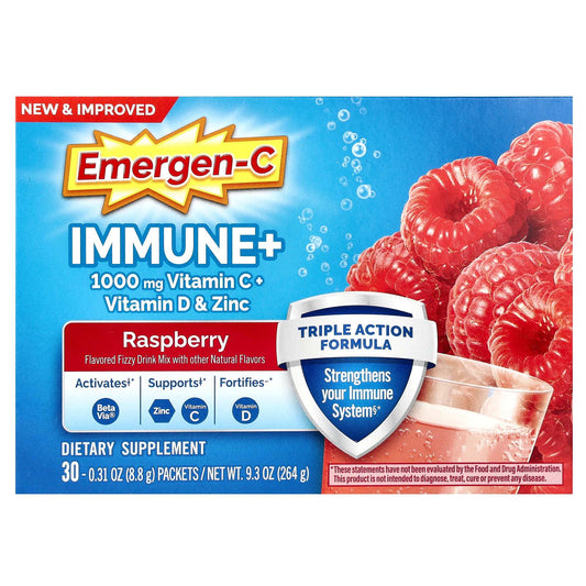 Emergen-C Immune Support Raspberry fizzy drink mix by Pasteur Pharmacy, 30 count box, vitamin supplement with raspberry flavor.