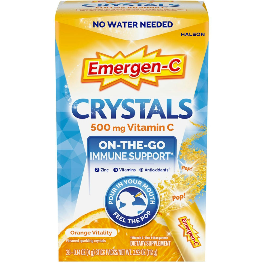Emergen-C Immune Support Vitamin C crystals in orange vitality flavor, 28-count, dietary supplement for immune health.