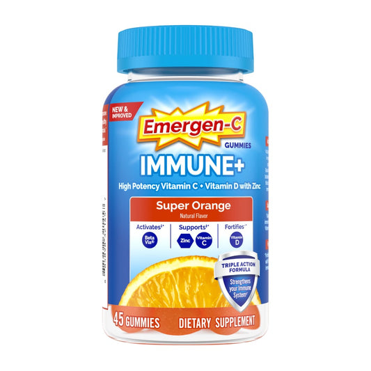 Emergen-C Immune+ Triple Action Super Orange Gummies vitamin supplement in orange-flavored gummy form.