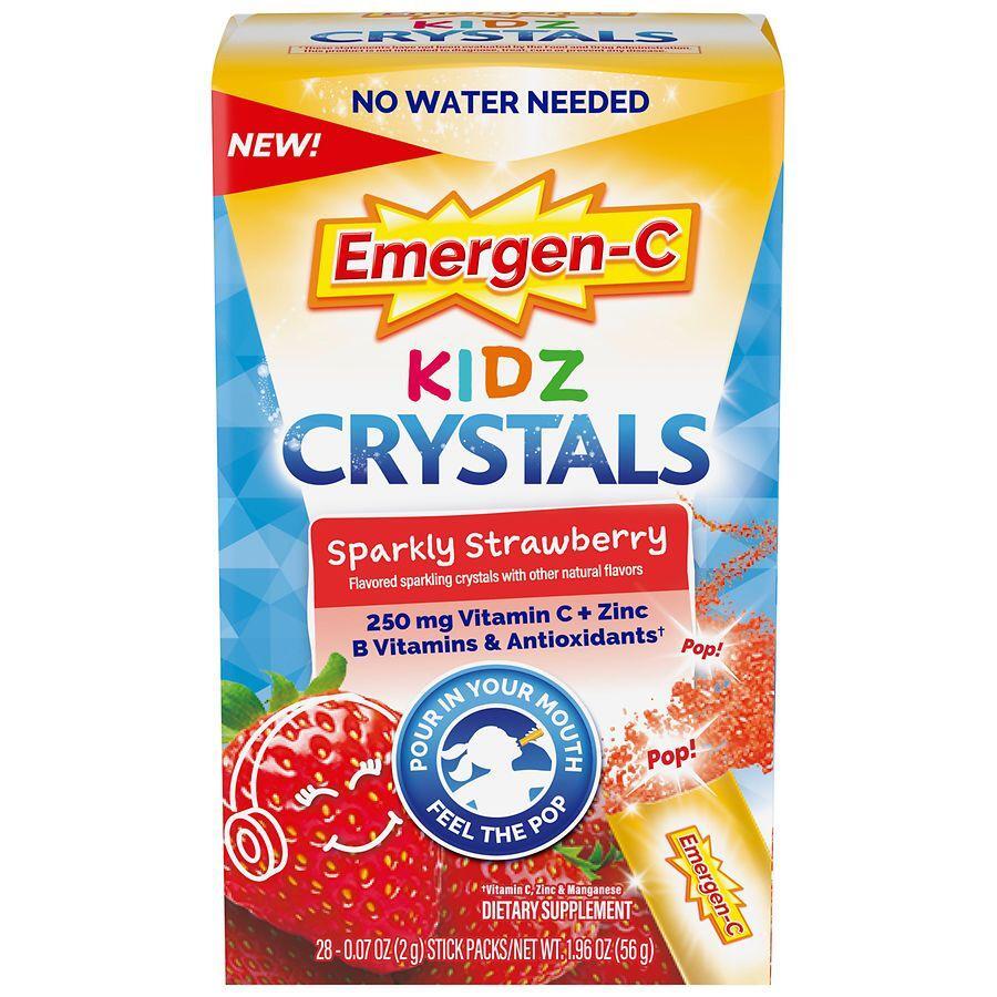 Emergen-C Kids immune support supplement crystals in sparkly strawberry flavor, displayed in a clear container.