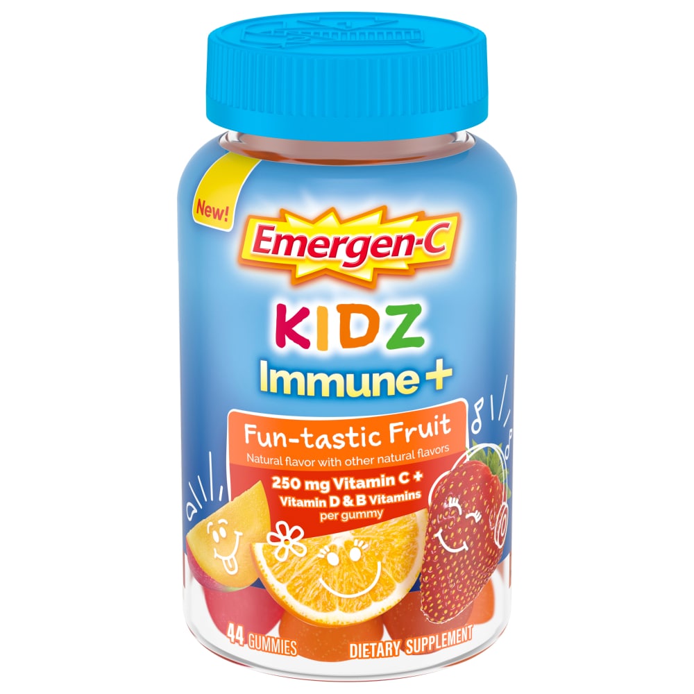 Emergen-C Kidz Immune+ dietary supplement bottle with fruit-flavored vitamins for kids, supporting immune health.