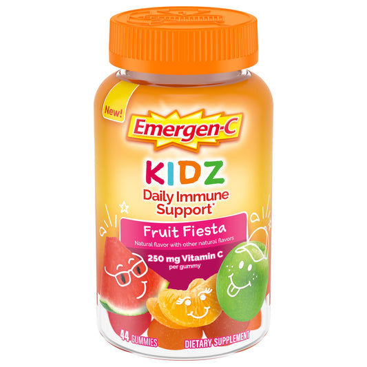 Emergen-C Kidz Immune Support Gummies in Fruit Fiesta flavor, 44-count package of vitamins and supplements for kids.