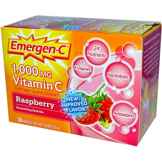 Emergen-C Vitamin 1000mg Raspberry fizzy drink mix from Pasteur Pharmacy, vitamin supplement in a colorful packet.