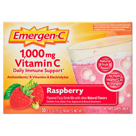 Emergen-C Vitamin Fizzy Drink Mix Raspberry flavor in a 30-pack, dietary supplement for immune support, by Pasteur Pharmacy