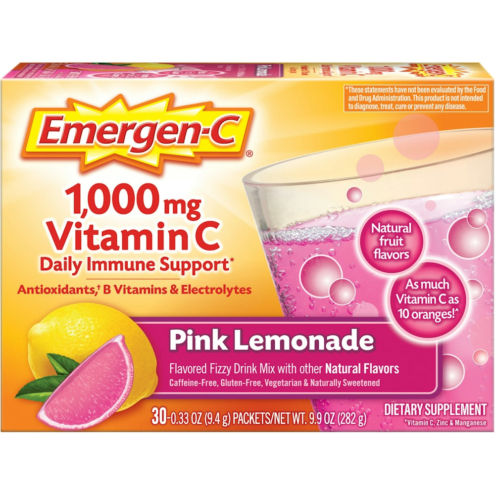 Emergen-C Pink Lemonade Vitamin Fizzy Drink Mix by Pasteur Pharmacy, 30 packets of 1000 mg vitamin supplement.