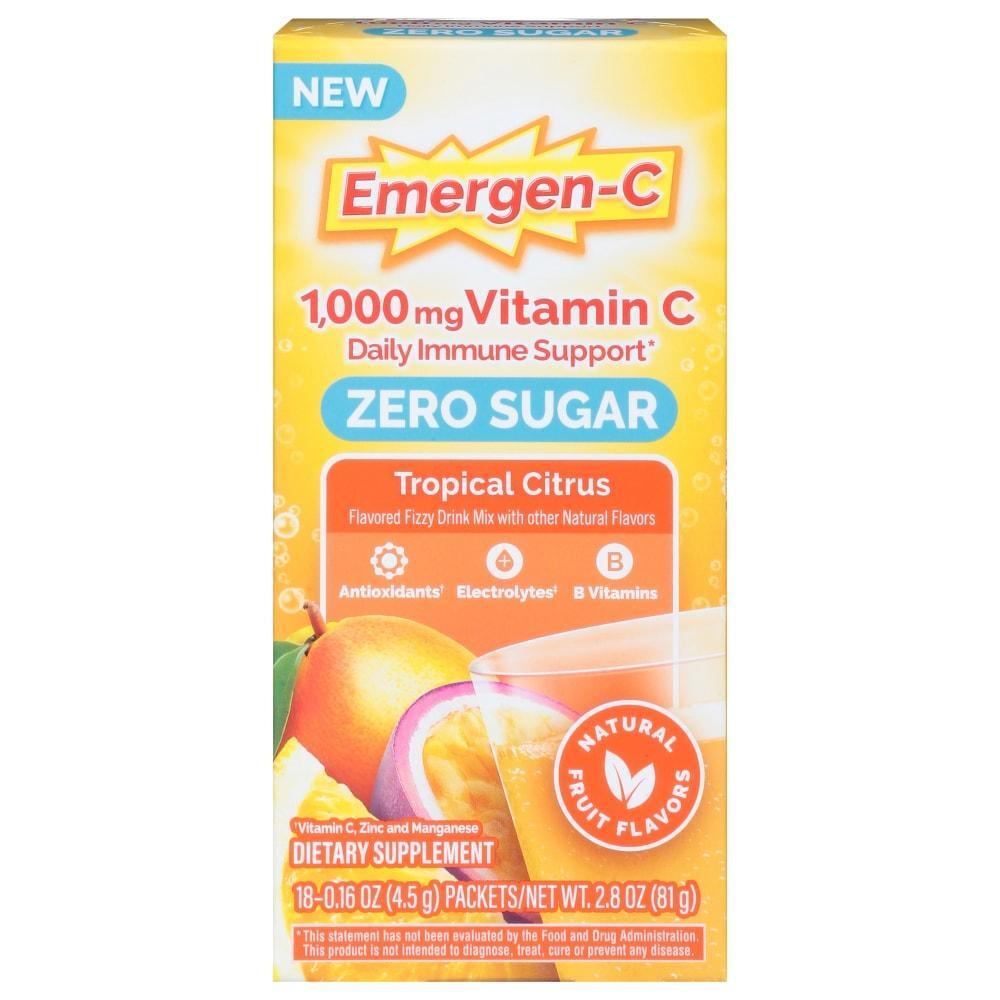 Emergen-C Vitamin Zero Sugar Tropical Citrus flavor supplement, 1000 mg vitamin C, in a colorful powder packet.
