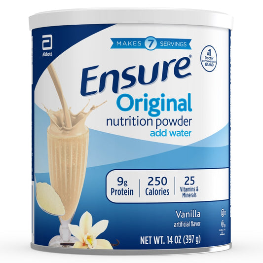 Ensure Original Nutrition Shake Powder in vanilla flavor, 14.1 oz, in a container with a label showing vanilla flavor and nutrition info.