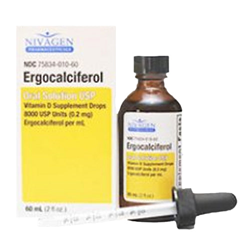 Bottle of Pasteur Pharmacy Ergocalciferol Os 8000 IU/ML vitamin supplement in a 60ml container, for bone health and vitamin D support.
