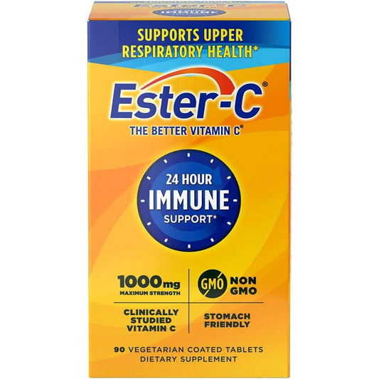 Ester C Vitamin 24-hour coated tablets by Pasteur Pharmacy, 1,000 mg, bottles of 90 vitamin supplement tablets.