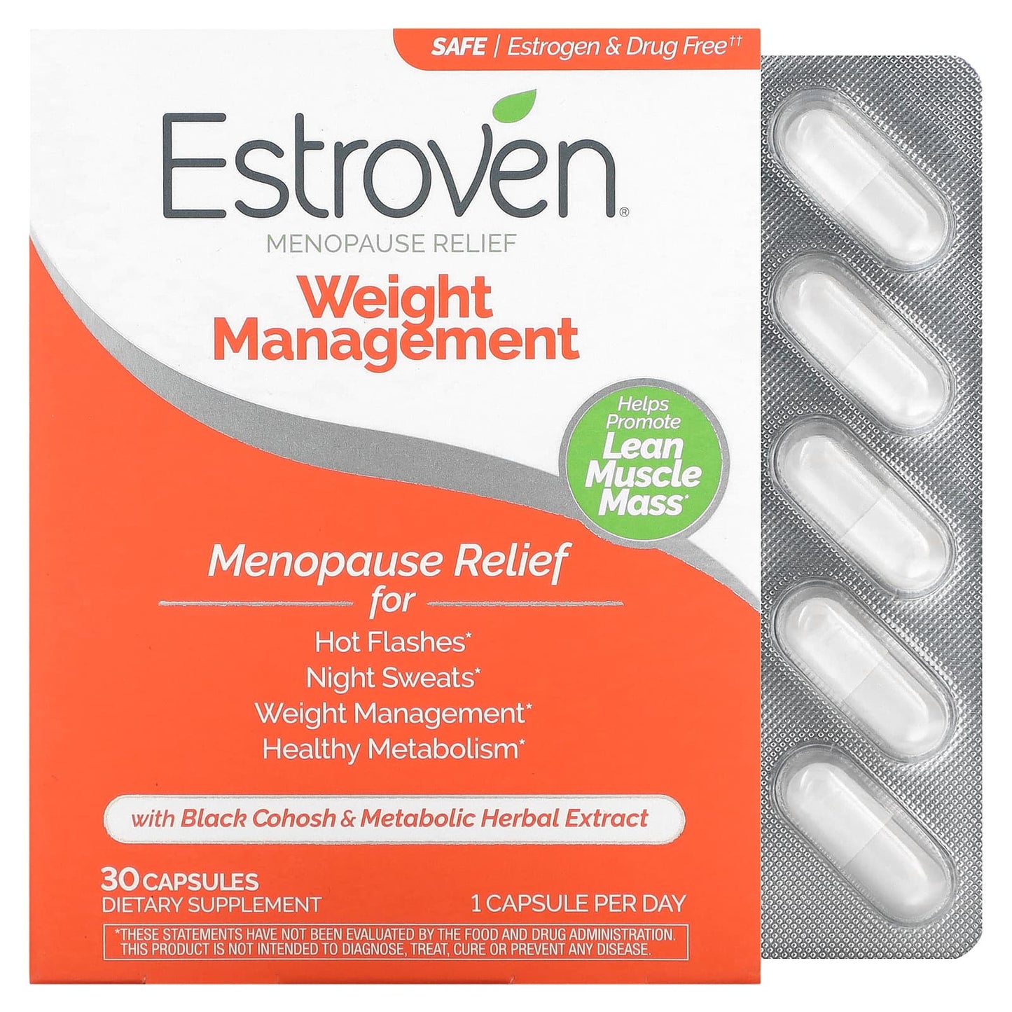Estroven menopause relief and weight management dietary supplement bottle from Pasteur Pharmacy with label visible.