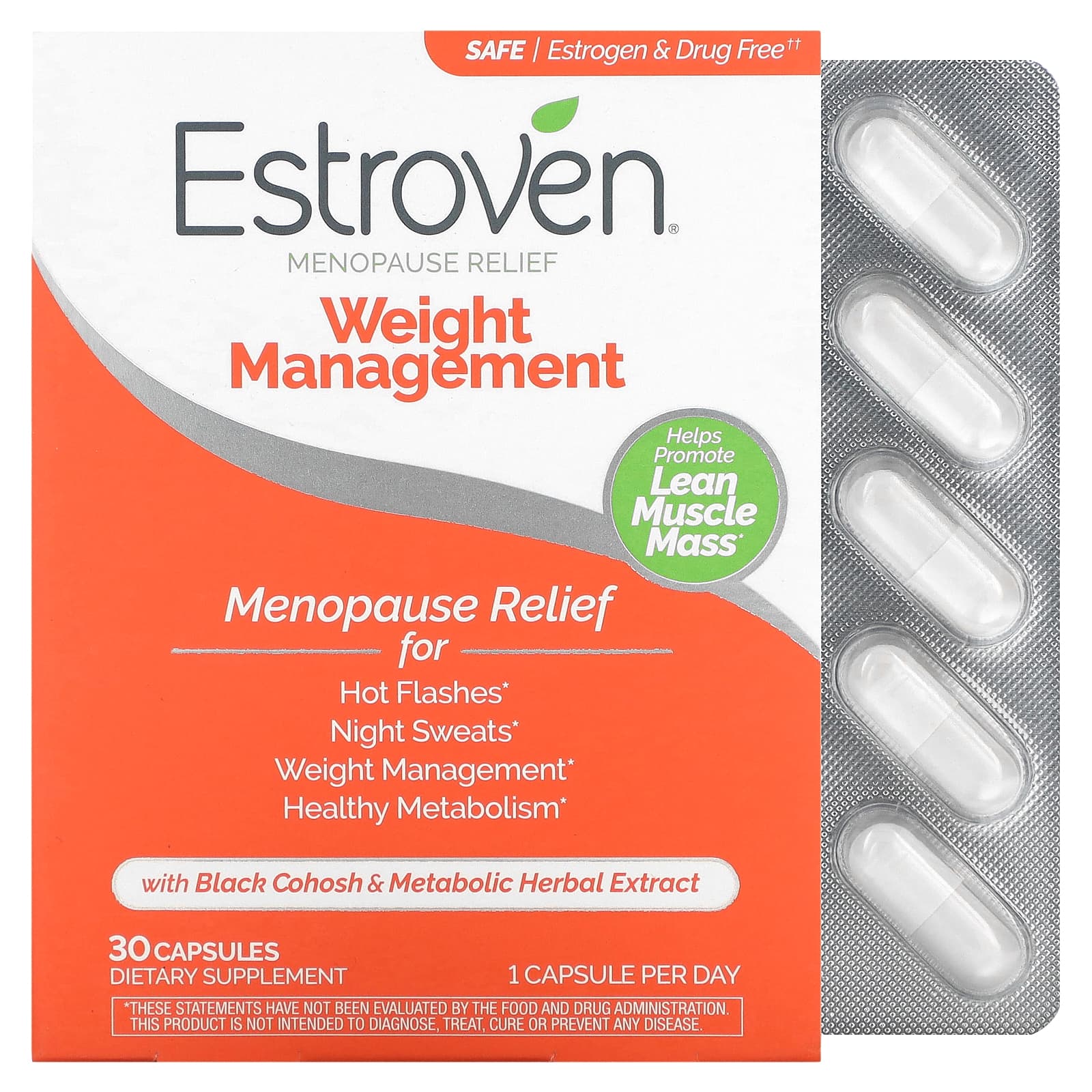 Estroven menopause relief and weight management dietary supplement bottle from Pasteur Pharmacy with label visible.