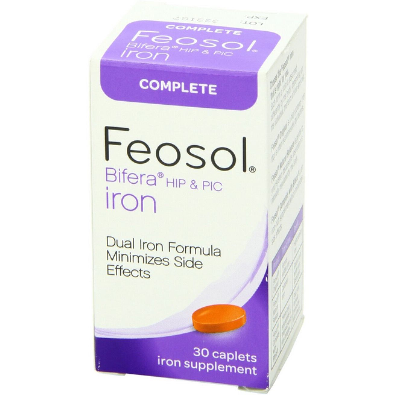 Feosol Complete iron supplement caplets in a bottle, dietary vitamins and supplements by Pasteur Pharmacy, 30 count.