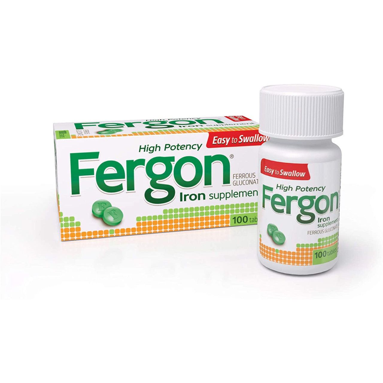 Fergon High Potency 27 mg iron supplement tablets in a blister pack, designed to boost iron levels, from Pasteur Pharmacy.