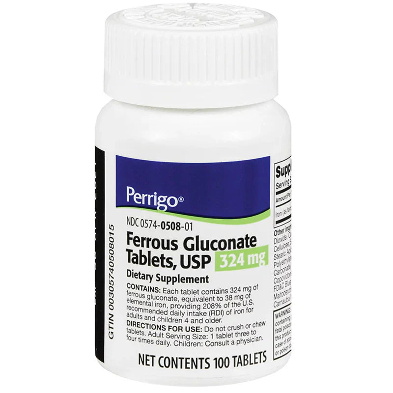 Ferrous Gluconate iron supplement bottles from Pasteur Pharmacy, 324 mg, gentle on stomach, 100 tablets for iron deficiency support.