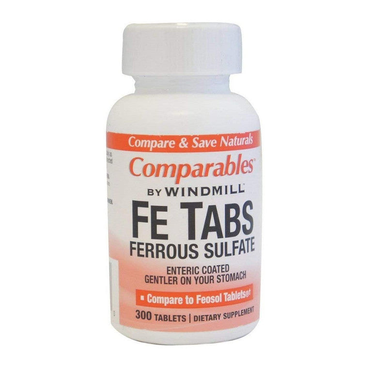 Ferrous sulfate 325 mg supplement bottles showing 300 tablets for iron deficiency from Pasteur Pharmacy.