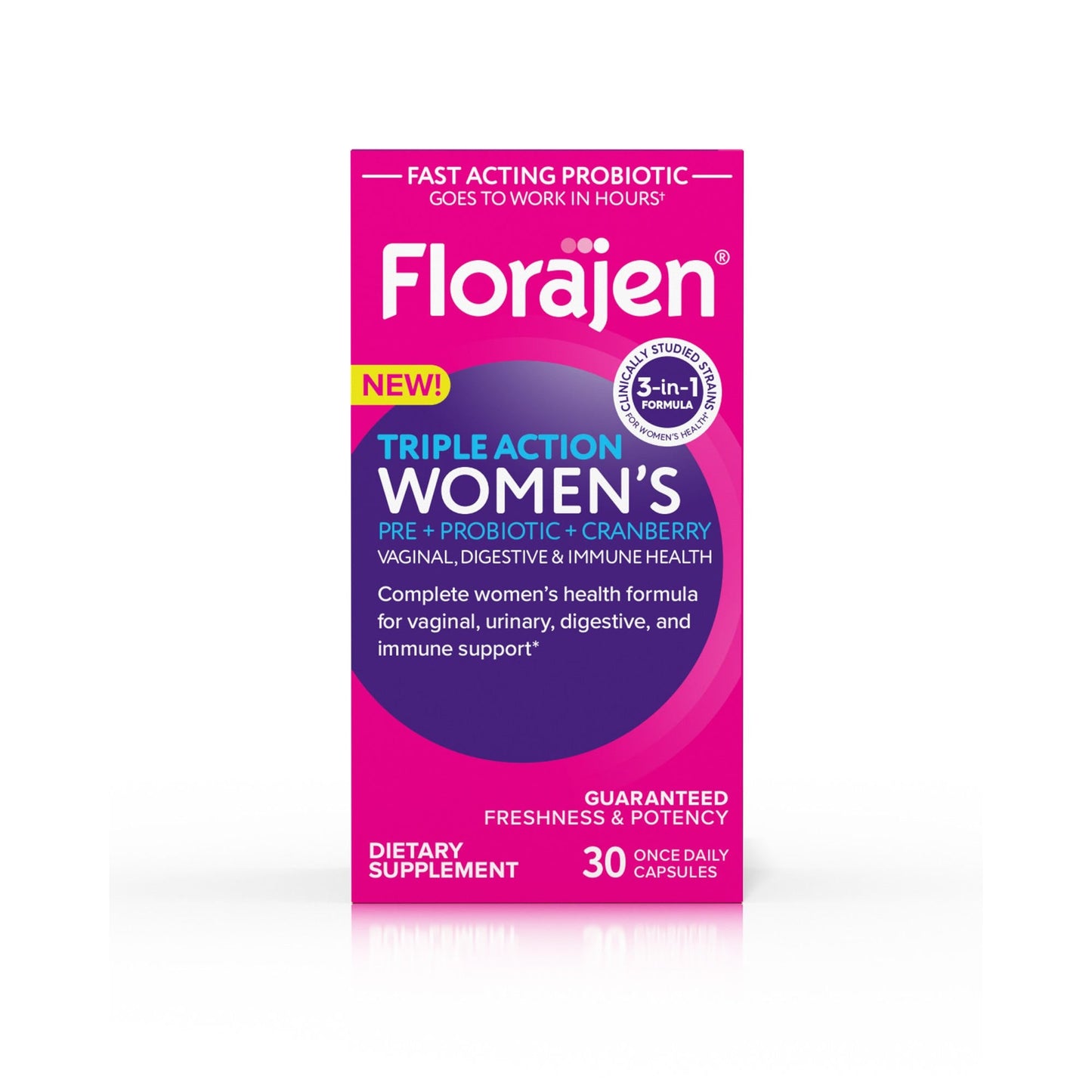 Florajen Triple Action Women's Probiotic bottle with 30 capsules, dietary supplement for digestive health and feminine wellness.