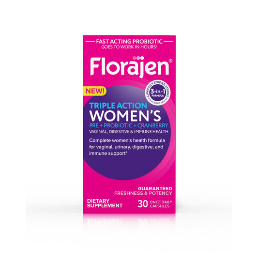 Florajen Triple Action Women's Probiotic bottle with 30 capsules, dietary supplement for digestive health and feminine wellness.