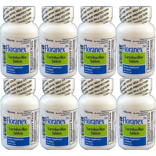 Floranex dietary supplement tablets by Pasteur Pharmacy, new formula, in a bottle with white and blue label.