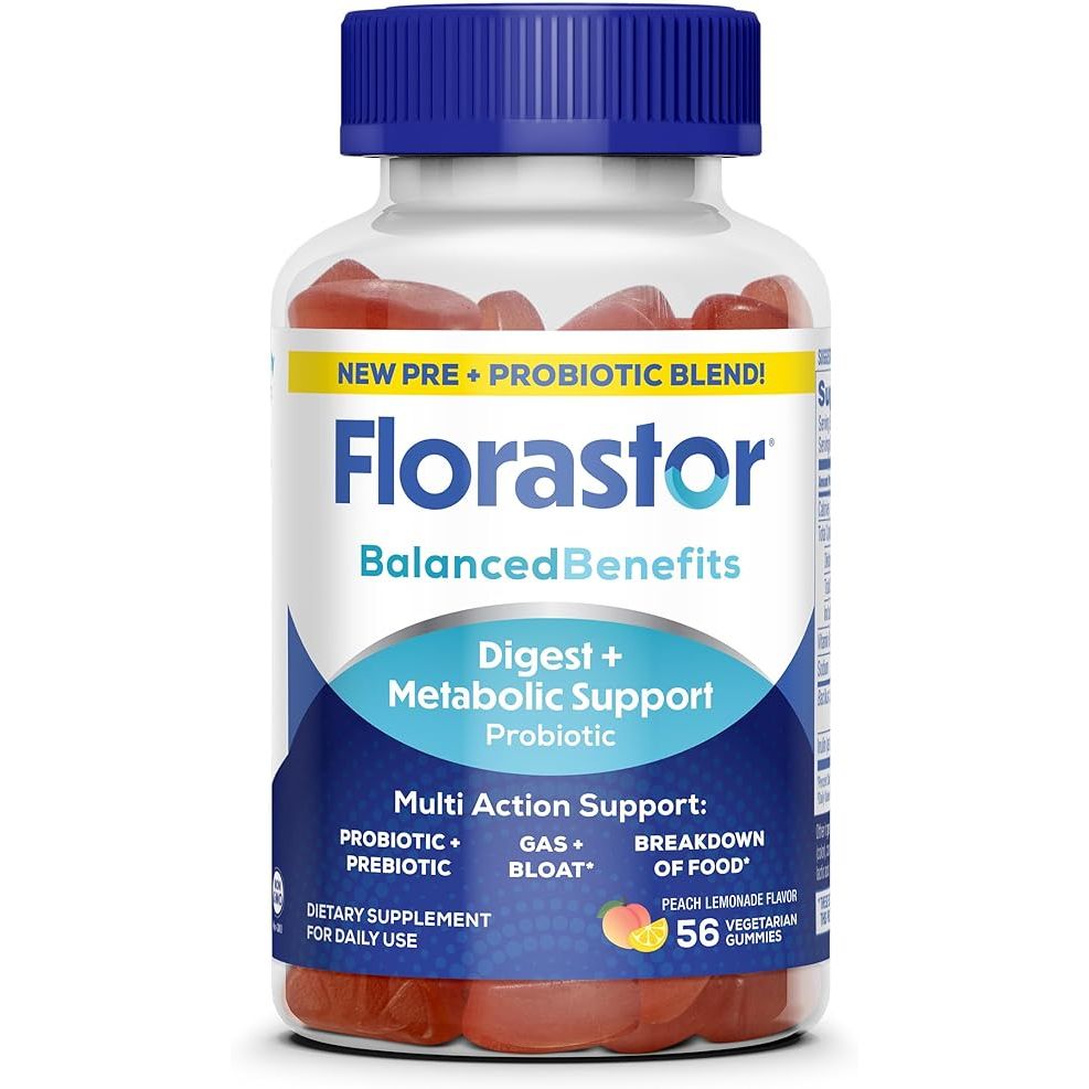 Pasteur Pharmacy Florastor Digestive and Metabolic Support Probiotic Gummies in Peach Lemonade flavor, 56 vegetarian gummies.