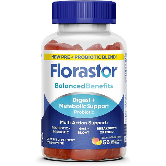Pasteur Pharmacy Florastor Digestive and Metabolic Support Probiotic Gummies in Peach Lemonade flavor, 56 vegetarian gummies.