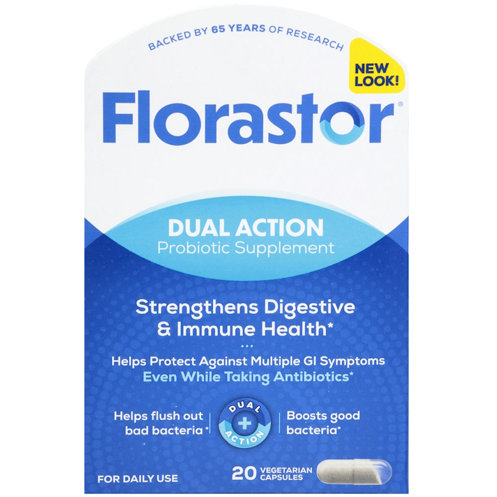 Florastor Dual Action Probiotic Vegetarian Capsules by Pasteur Pharmacy, 20-count bottle of dietary supplement capsules.