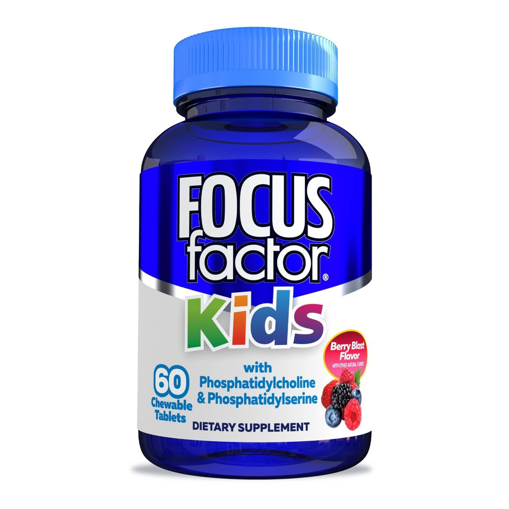 Focus Factor for Kids Berry Blast vitamins, 60 chewable wafers, colorful berry-flavored supplement for children's brain health.