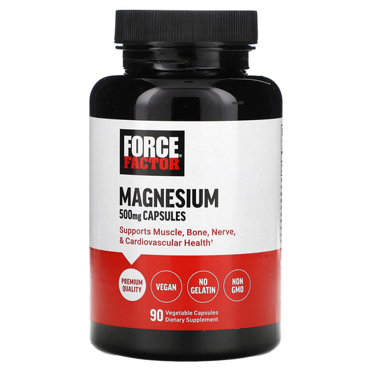 Force Factor Magnesium 500 mg supplement in 90 vegetable capsules, dietary vitamins and minerals by Pasteur Pharmacy.