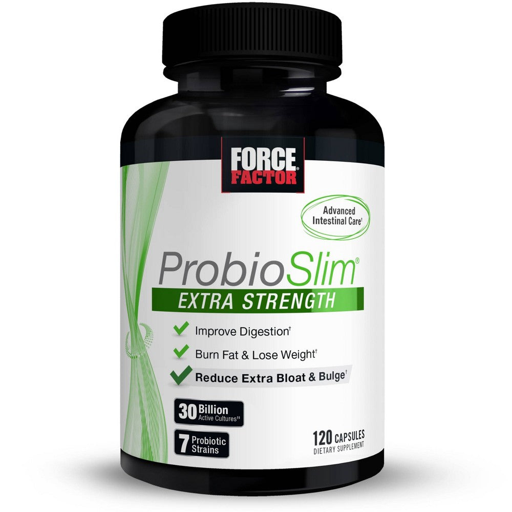 Force Factor ProbioSlim Extra Strength probiotic supplement bottle showing label with 30 billion CFUs for digestive health.