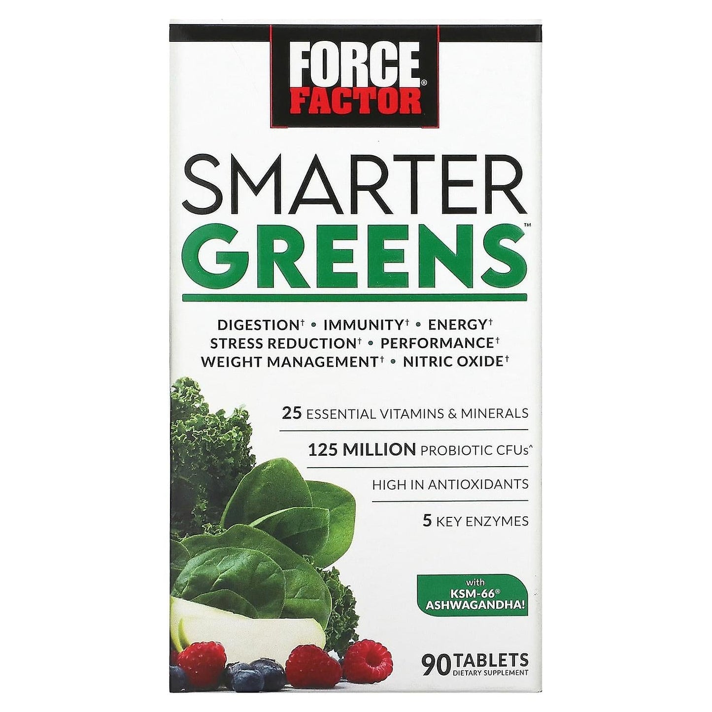 Force Factor Smarter Greens vitamins and supplements bottle with 90 tablets, a daily superfood and vitality formula.